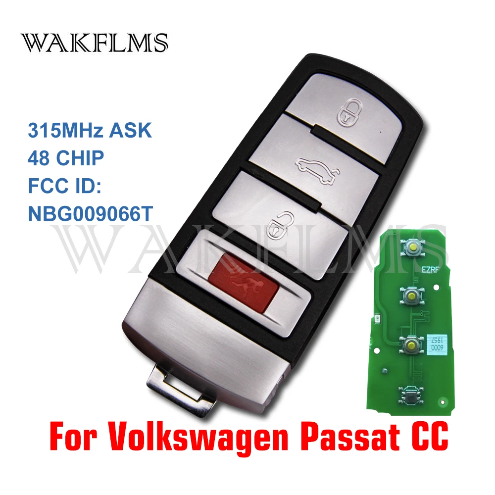 4 Buttons Smart Remote Car Key For Volkswagen (VW) Passat CC Passat 2006-2015 Without Smart Key System 315MHz ID48 NBG009066T