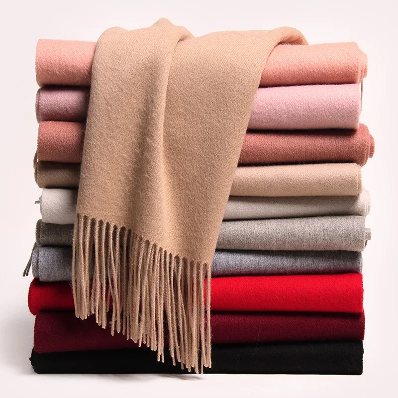 Women Winter Scarves 2021 Solid Color Warm 100% Wool Wraps and Shawls for Ladies Thick Warm Soft Scarf Real Wool Luxury Designed