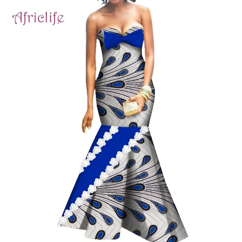 Custom Plus Size Clothing African Bazin Fabric Strapless Sleeveless Wedding Party Dresses WY4835