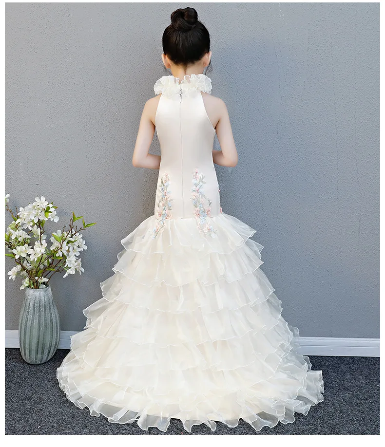 Children Fishtail Skirt Cheongsam Girls Model Catwalks Host Tailing Champagne Color Piano Performance Formal Dress