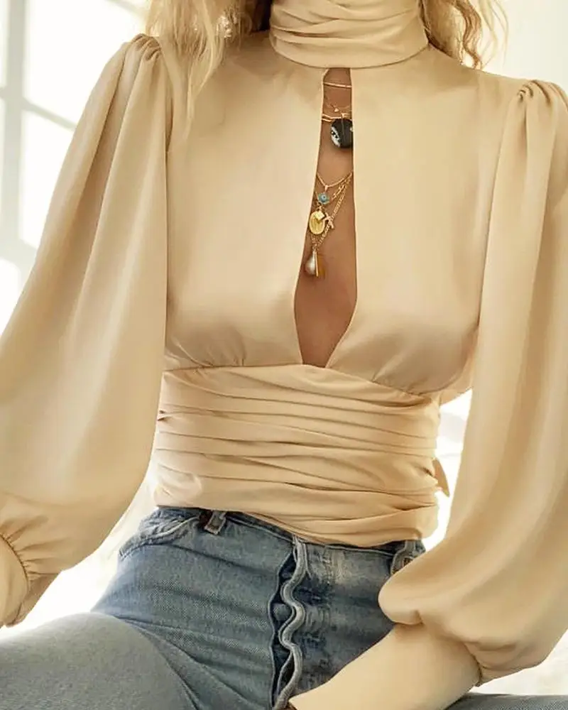 Женская офисная блуза с открытой спиной, рубашки с длинным рукавом-фонариком, однотонная элегантная повседневная рубашка,, осенние модные женские топы