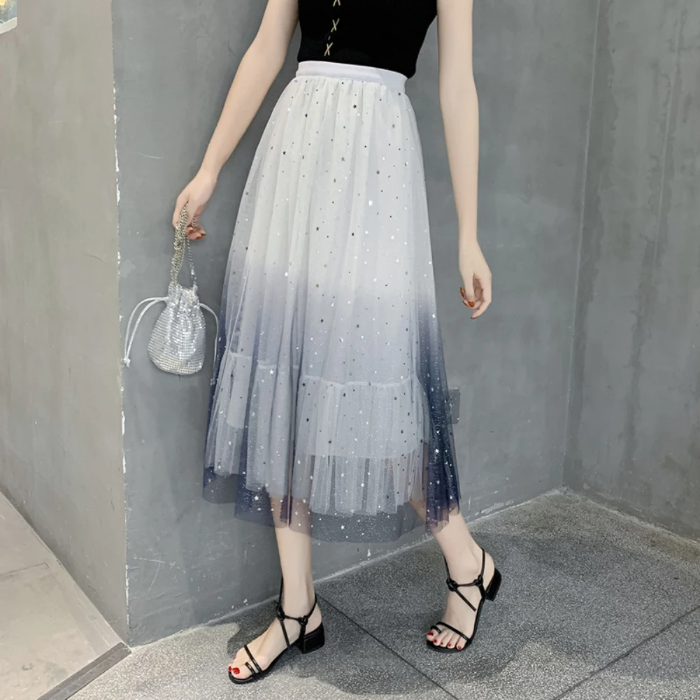 Модные летние женские градиентные звезды блестки тюль Пышная юбка с подъюбником выпускного вечера принцесса леди вечерние пляжная уличная длинная юбка