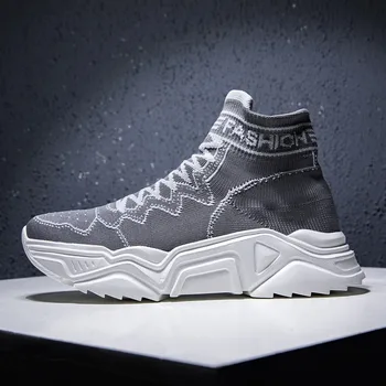 

New Cool Mens Trainers Running Black High Top Sport Shoes Men Breathable Sock Sneakers Man FlyWire Slip-on Men Training Shoes