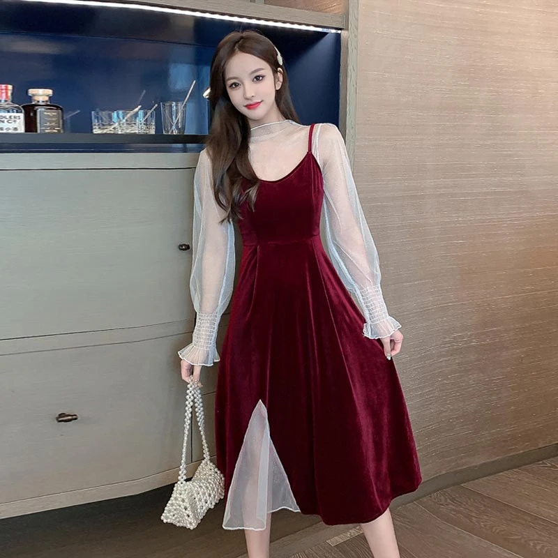 Vestido de terciopelo coreano con tirantes finos para mujer, conjunto de 2  piezas con volantes de malla, cuello de barco y hombros descubiertos, 2021| Vestidos| - AliExpress
