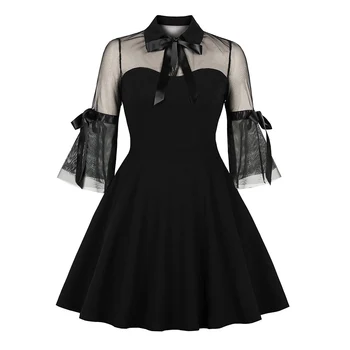 

2020 spring autumn new women mesh stitching vintage dress Bandage A-line mini dresses flare sleeve lace-up Princess dress