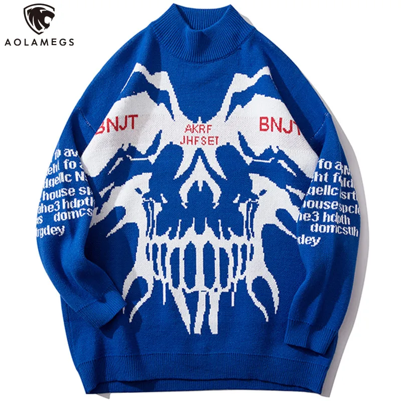 

Aolamegs Sweater Men Hip Hop Print Pullover O-neck Sweaters Harajuku Casual Advanced Knitted Retro High Quality Lover Streetwear