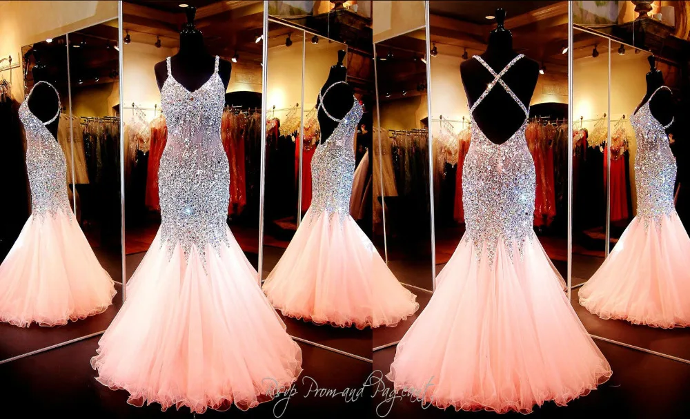 Wunderschöne Coral Mermaid Prom neue V-ausschnitt Luxus Kristall tüll kleid Perlen Backless Pailletten Lange Formale Kleider Homecoming Kleider