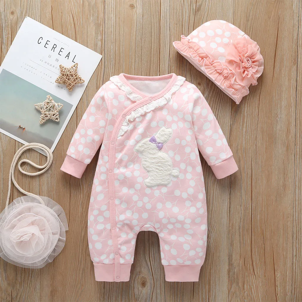 

Infant Baby Girls Long Sleeve Rabbit Romper Jumpsuit+Ruffles Floral Hat Outfits Newborn Clothes Winter Rompers Baby Costumes