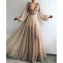 Шикарное шикарное кружево с золотыми пайетками, сексуальное длинное платье для выпускного, с высокой стороны, с разрезом, а-силуэт, 3D, с цветком, торжественное платье с расклешенными рукавами