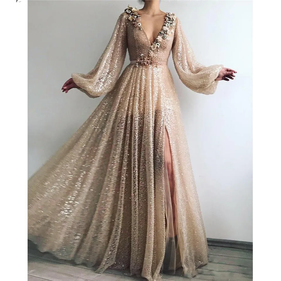 

Bling Bling Gold Sequined Lace Sexy Long Prom Gowns High Side Split A-line 3D Flower Formal Dresses Flare Sleeves