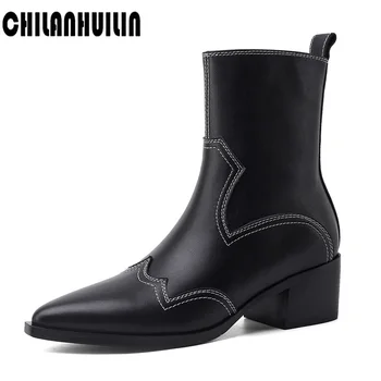 

mixed leather boots women genuine leather pointed toe mid heel ankle boots thick square heel slip on western cowboy boots women