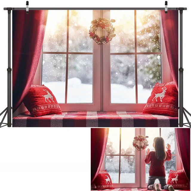 Christmas Window Backdrop Winter Snow Wonderland Birthday Portrait Background Curtain Wreath Christmas Tree Photography Props style-10