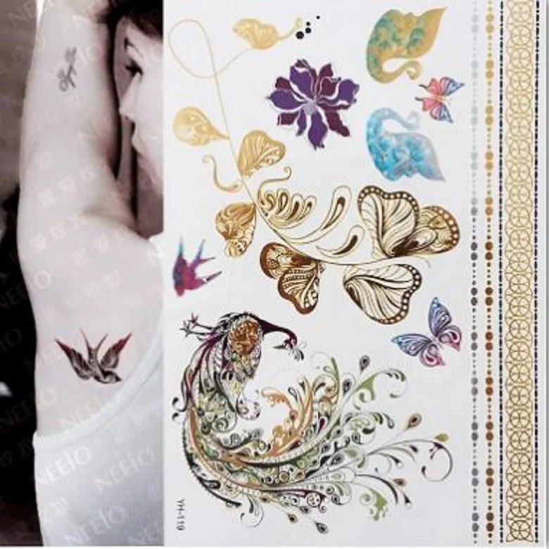 

Hot Tattoo Stickers Glitter Metal Gold Silver Temporary Flash Tattoo Disposable Indians Tattoos Body Art Painting