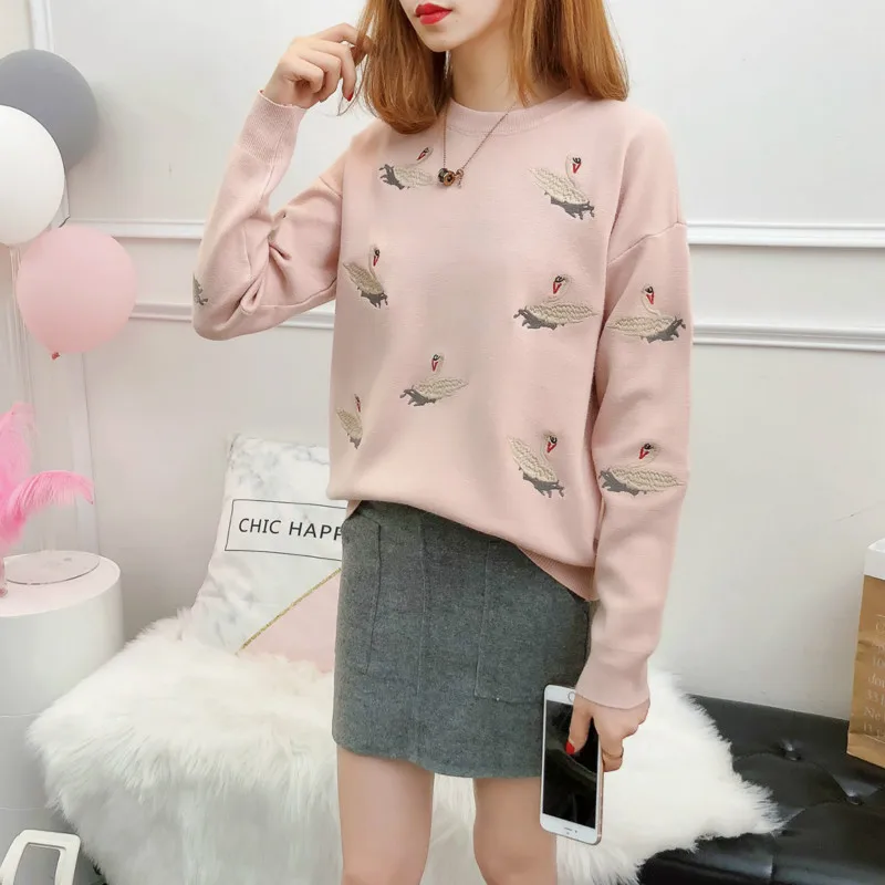 

Crane Embroidery Woman Sweater Autumn Winter Korean Pullover Womens 2019 Loose Knit Tops Womens Winter Sweaters