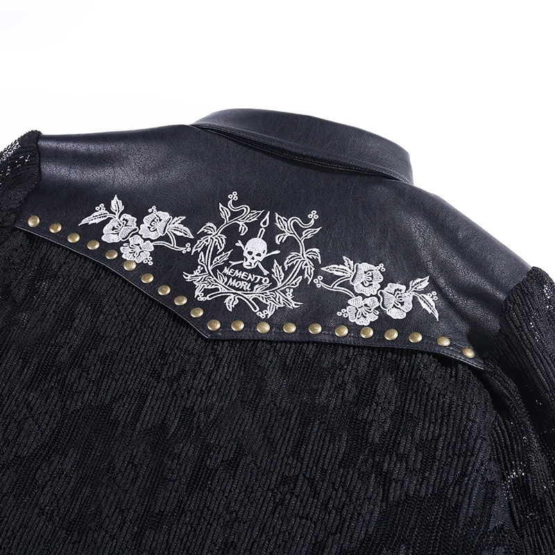 Женская готическая кружевная блузка Прозрачные сетчатые топы с длинными рукавами из искусственной кожи винтажные Лоскутные панковские викторианские рубашки с заклепками