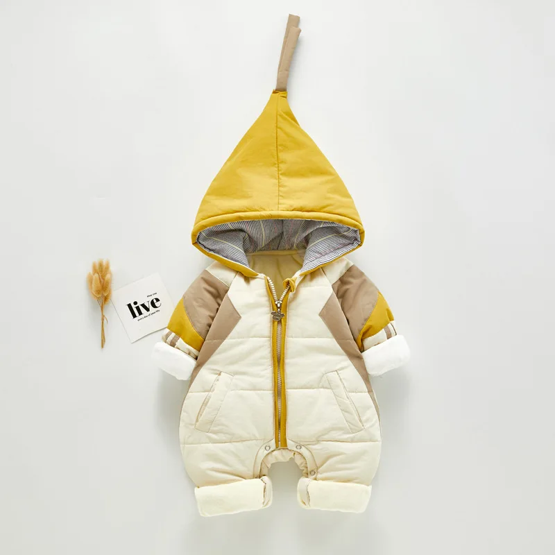 Зимний комбинезон для новорожденных с капюшоном, комбинезон для маленьких мальчиков толстый теплый Детский комбинезон с капюшоном, на возраст 3, 6, 9, 12 месячный ребенок Костюмы - Цвет: Цвет: желтый