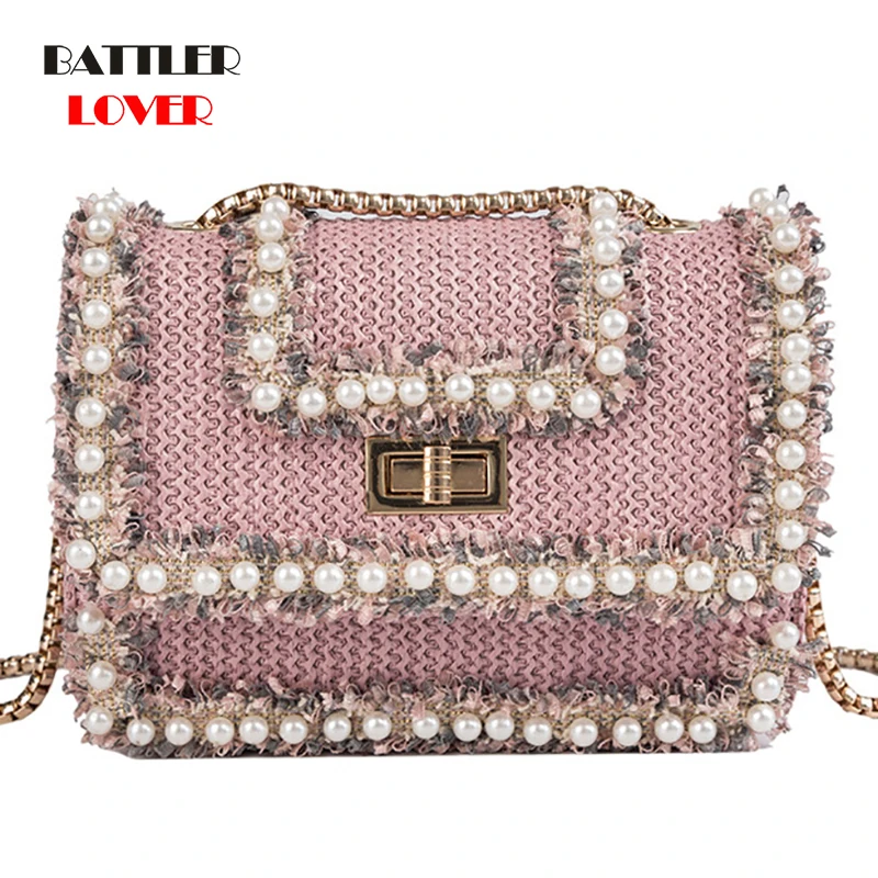 New Fashion Wool Women Messenger Bag Female Crossbody Bags Pearl Chain Small Women