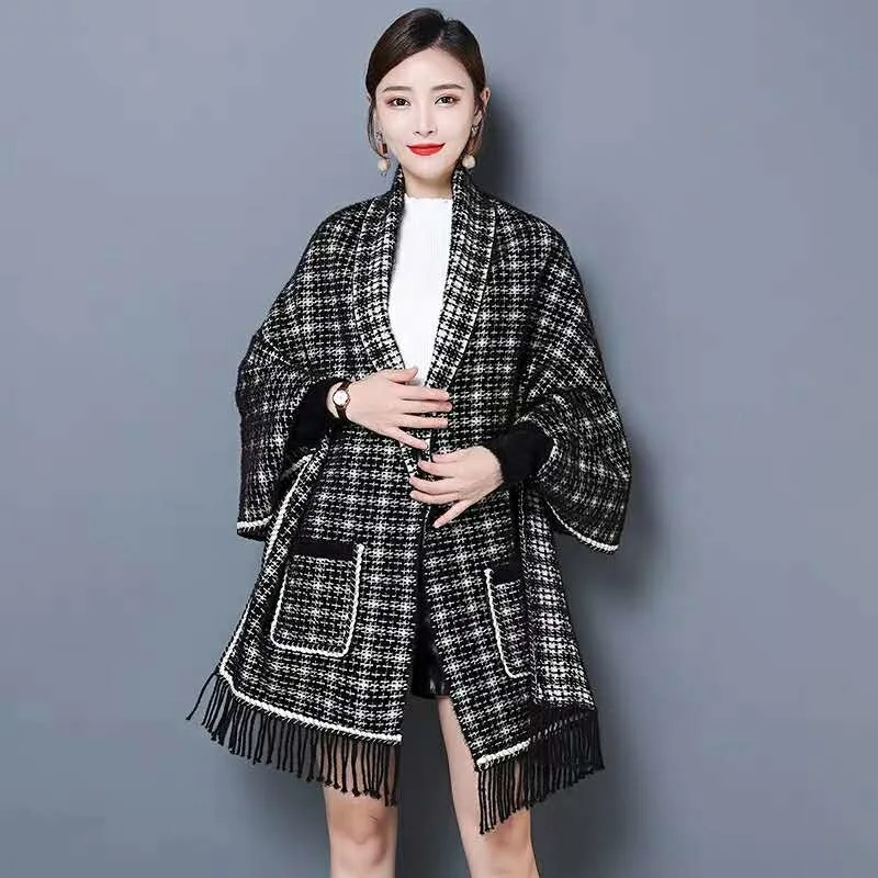 

#4010 Mink Cashmere Knitted Poncho Women Long Sleeved Loose Cardigan Shawl With Tassel Outerwear Long Poncho Cape Coat Pockets