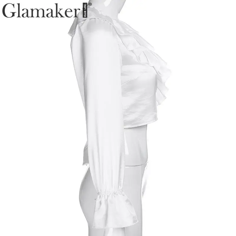 Glamaker глубокий v-образный вырез белая блузка женская Атласная блестящая шнуровка укороченный топ осень зима вечерние элегантные блузки с длинными рукавами