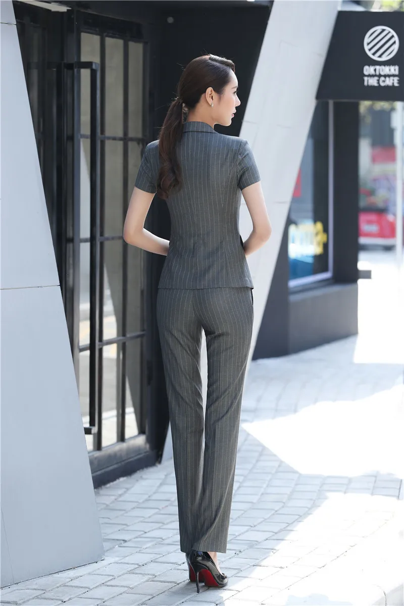 Элегантный серый полосатый формальные профессиональные Бизнес Для женщин костюмы с жакетами и брюки женские брюки комплекты летние