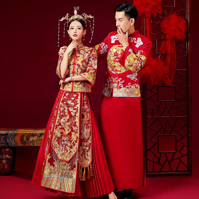 Китайское традиционное свадебное платье чонсам дракон Феникс одежда Qipao вышивка