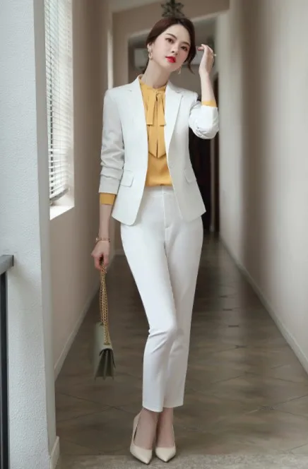 White coat and pants Модные женские черные и белые брюки, костюмы, повседневные, британский стиль, профессиональный темперамент, офисный Женский блейзер с длинным рукавом и брюки - Цвет: White coat and pants