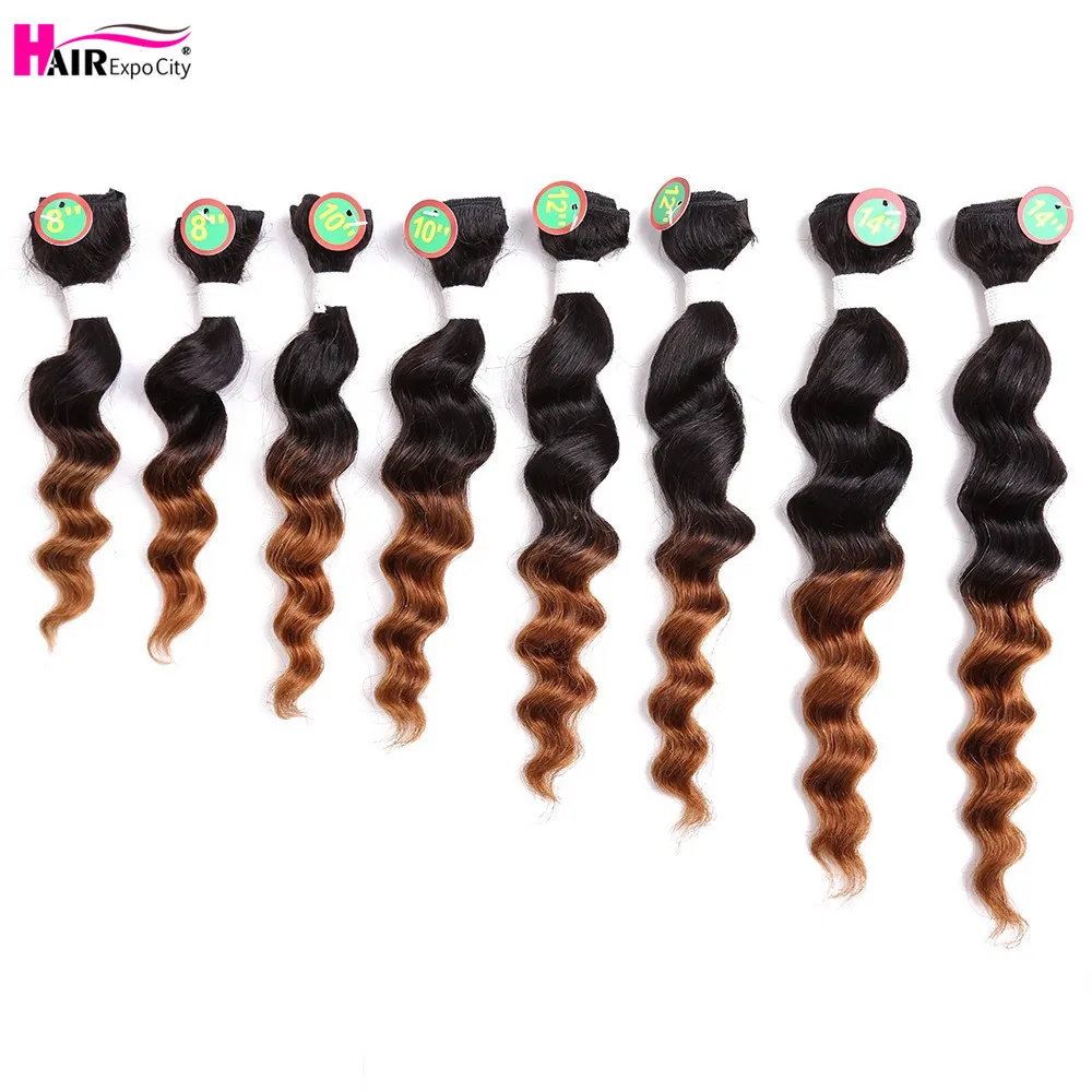 

8-14"Loose Deep Weave Ombre Hair Bundles Synthetic Hair Extensions For Women Heat Resistant Black Burgundy 8pcs/Pack Hair Expo