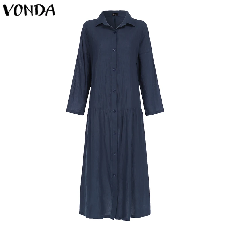 Kopen Vrouwen Jurk Vintage Turn down Kraag Mid Kalf Jurken VONDA 2019 Herfst Vrouwelijke Casual Lange Mouwen Losse Vestido plus Size S 5XL