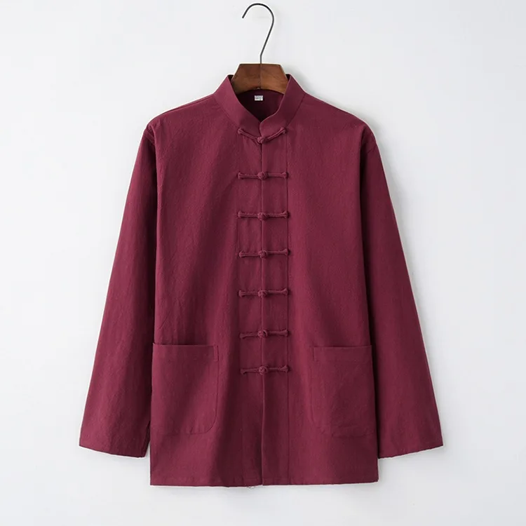 Traditional Chinese Style New Year Hanfu Men Tops Kung Fu Solid Linen Tai Chi Wushu Outfit Vintage China Shirt Clothing