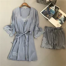 Шелковые пижамы с длинным рукавом, 3 шт., кружевные шорты с вышивкой, женский халат, набор, Женские топы и блузки, Женская домашняя одежда