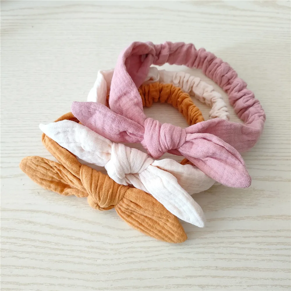 Baby Elastic Hair Bands Girls Cotton Gauze Headband Kids Muslin Knot Accessories Toddler Rabbit Ear Turban Head Wraps Children's Finger Toothbrush