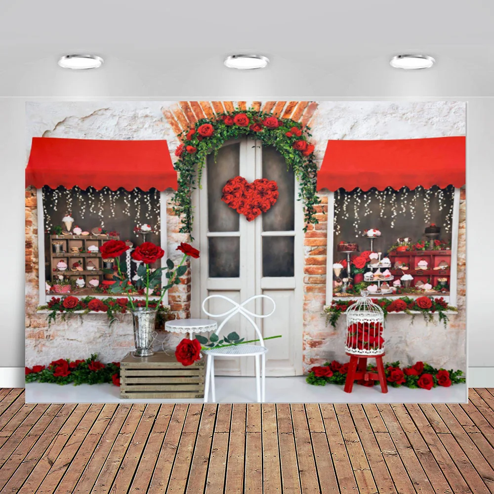 Фон для фотосъемки с красной розой и цветами пекарня магазин Арка Дверь День