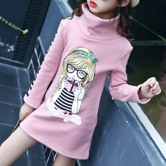Red Thick tshirt Футболка для девочек; зимняя футболка; флисовая футболка для девочек; утепленные детские длинные топы с вышитыми героями мультфильмов; топ с высоким воротником и длинными рукавами - Цвет: Red Thick tshirt