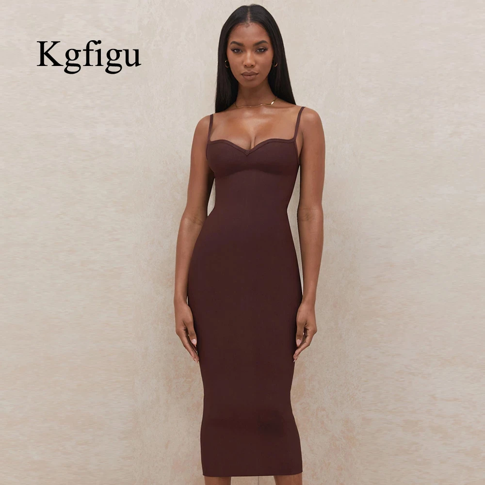 KGFIGU 2021 New Arrival Sleeveless Evening Robes Backless Spaghetti Strap Female High Waist Outfits Club Brown Dresses For Woman | Женская