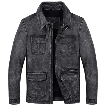 

Seveyfan 2019 New Mens Genuine Leather Jacket Multi Pockets Pleated Zipper Design Real Cowhide Biker Jacket Male R2949
