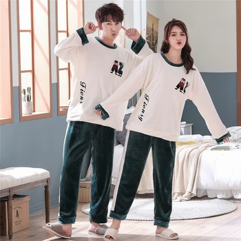 

Winter New Long Sleeve Women Pajamas Set Warm Letter Printing Flannel Pajama Couple Coral Velvet Sleep Wear Pyjamas 2Piece Set