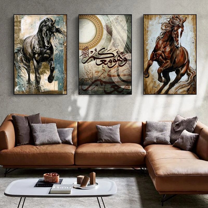 

3 Piece Arab Islamic Horse Wall Art Full Round Square Drill embroidery,Diamond Mosaic Diamond Painting Triptych Painting N1248