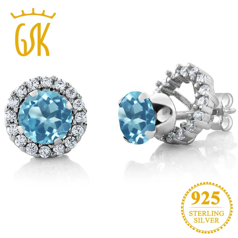 GemStoneKing 2,00 карат Круглый 6 мм натуральный голубой топаз драгоценный камень 925 пробы Серебряная куртка со съемной подкладкой серьги-гвоздики для женщин