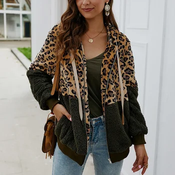 

Fashion Hot Sales Winter New Arrival For 2019 Women Leopard Stitching Hodded Jacket Tops Winter Long Sleeve Jacket Coat A66