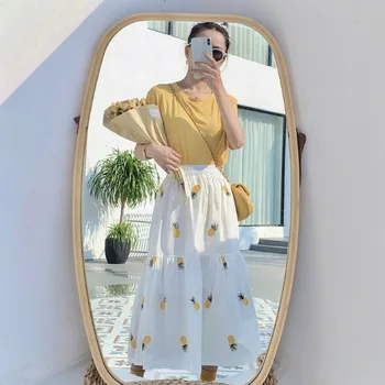 

Women Fruit Embroidered Long Skirt Female Elastic High Waist Sweet A-line Skirts 2020 Summer fashion Casual Sweet Ladies Bottom