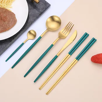 

Portugal Western Tableware Set 304 Stainless Steel Spoon Fork Knife Chopsticks Western Dinner Cutlery Gift WB2087