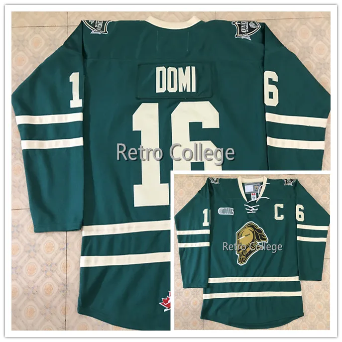 Green 16 MAX DOMI Game London Knights COA 2013-14 Ретро-Хоккейная Футболка с вышивкой, сшитая по индивидуальному заказу с любым номером и именем - Color: Green