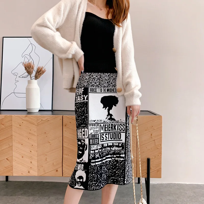 Women's Skirt Knitting embroidery Autumn Letters Knit Thick Soft Pencil Skirts Students Japan Woman Faldas Female LS149