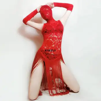 

Bodysuit Gauze perspective nightclub bar DS sexy red lace one-piece Halloween masked tassel sexy gogo dance clothes Jumpsuit
