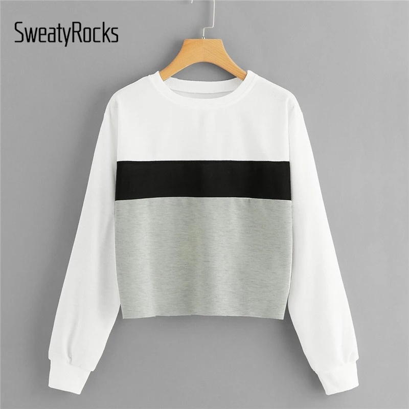 Свитер SweatyRocks с цветным блоком Женские топы с длинными рукавами осень круглый вырез пуловер для активного отдыха Повседневная Толстовка для отдыха