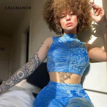

ANJAMANOR Blue Tie Dye Sexy Two Piece Set Zipper Crop Top Pants Summer Sports Outfits for Women Active Wear Tracksuit D87-AE08