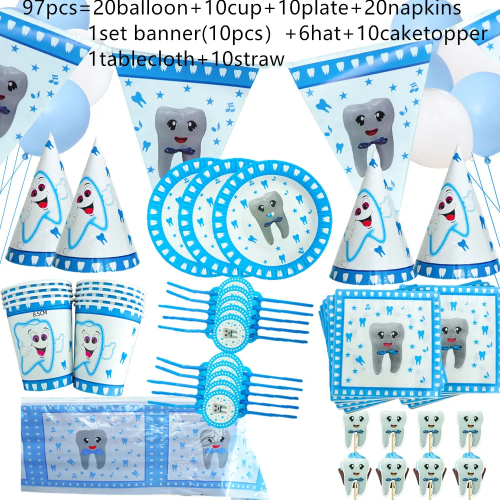1 Set Blue Pink Kids First Tooth Party Disposable Tableware Baby Teeth Pattern Paper Cups Plates Napkins Supplies Decor | Дом и сад
