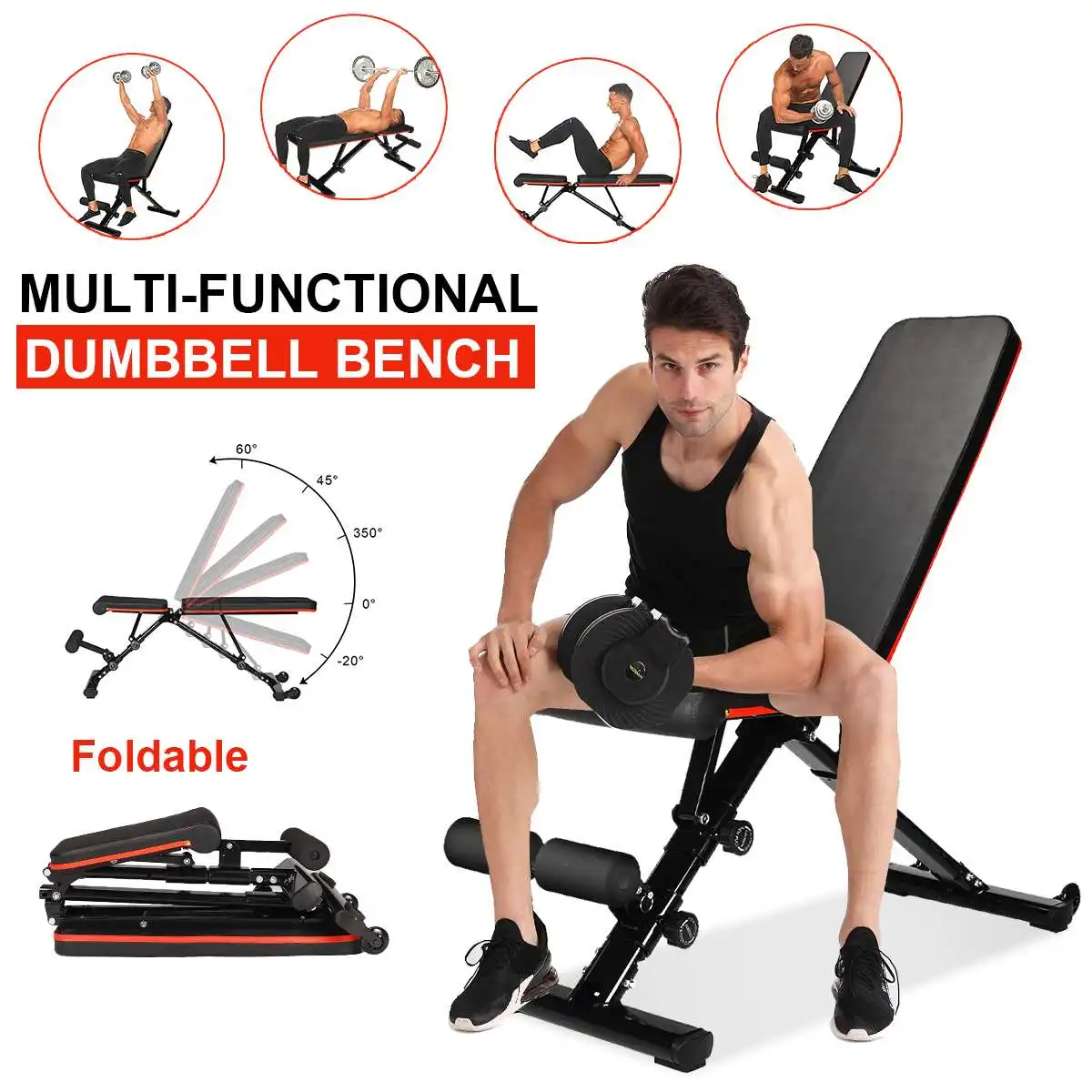  AILI Banco de ejercicio plegable para levantamiento de pesas,  cama portátil para gimnasio en casa, cama de levantamiento de pesas, banco  de fitness multifuncional para el hogar, equipo de acondicionamiento físico