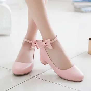 

Big Size 11 12 13 14 ladies high heels women shoes woman pumps Round head, shallow mouth, thick heel, bow tie, square heel