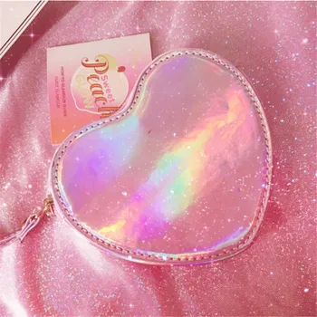 

Chic Women Heart Shaped Wallet Laser PVC Small Coin Purse Zipper Clutch Money Purse Mini Card Holders Bag